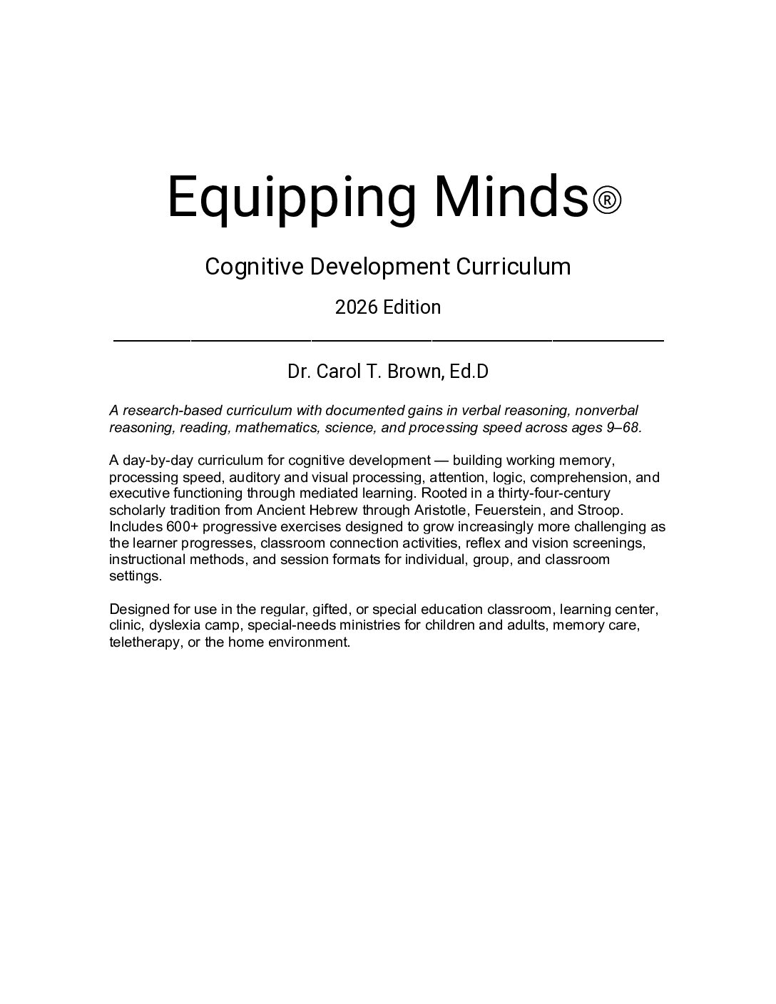 NEW! 2026  Equipping Minds Cognitive Development Curriculum (Teacher Workbook)