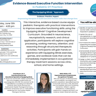 Evidence‐Based Executive Function Intervention in Pediatric OT Practice:  The Equipping Minds® Approach  June 13 8-4 EST Johnson City, TN IN PERSON